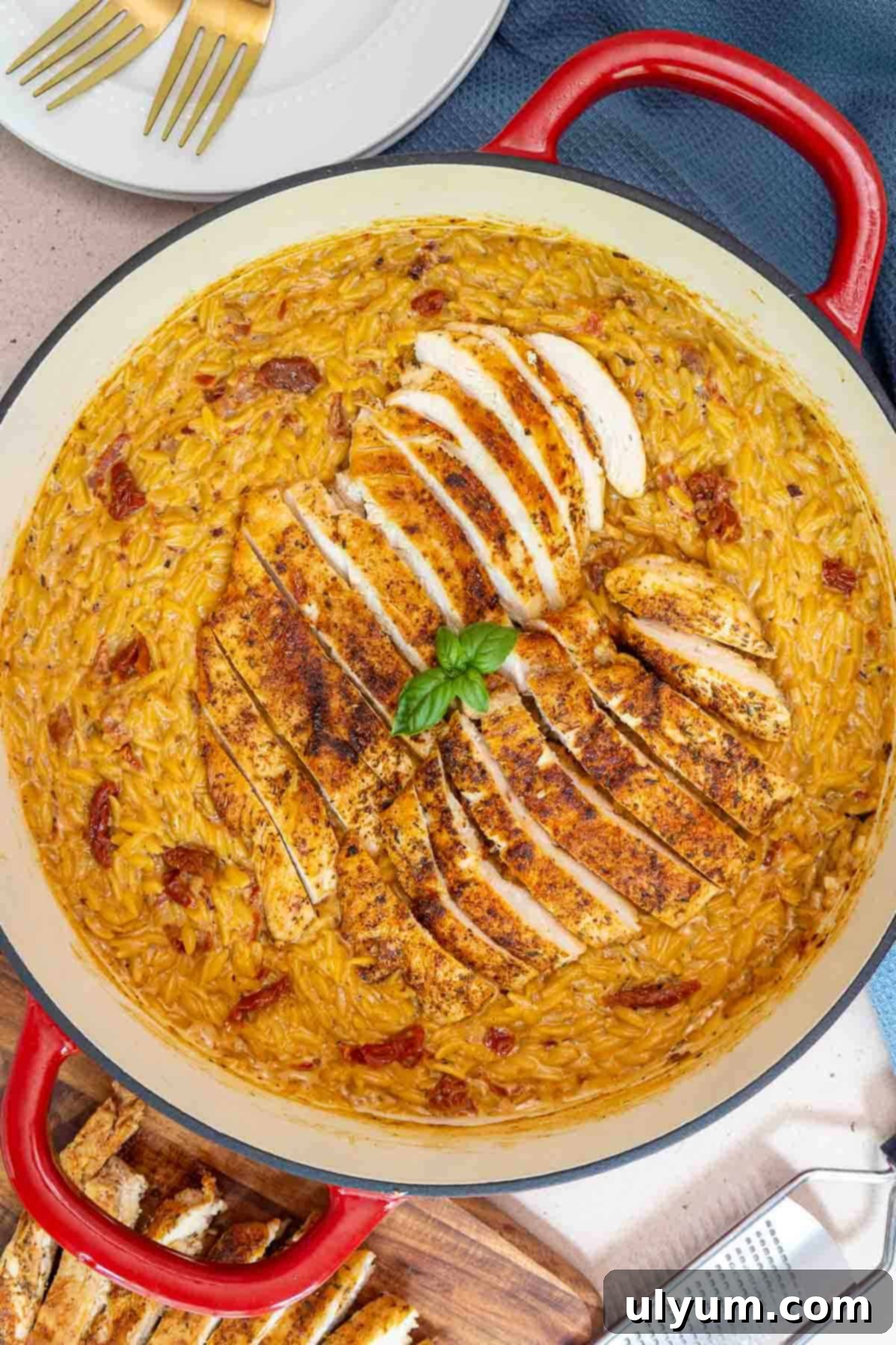 Top-down view of a large pot of creamy sun-dried tomato orzo topped with sliced seasoned chicken breast and a basil garnish.