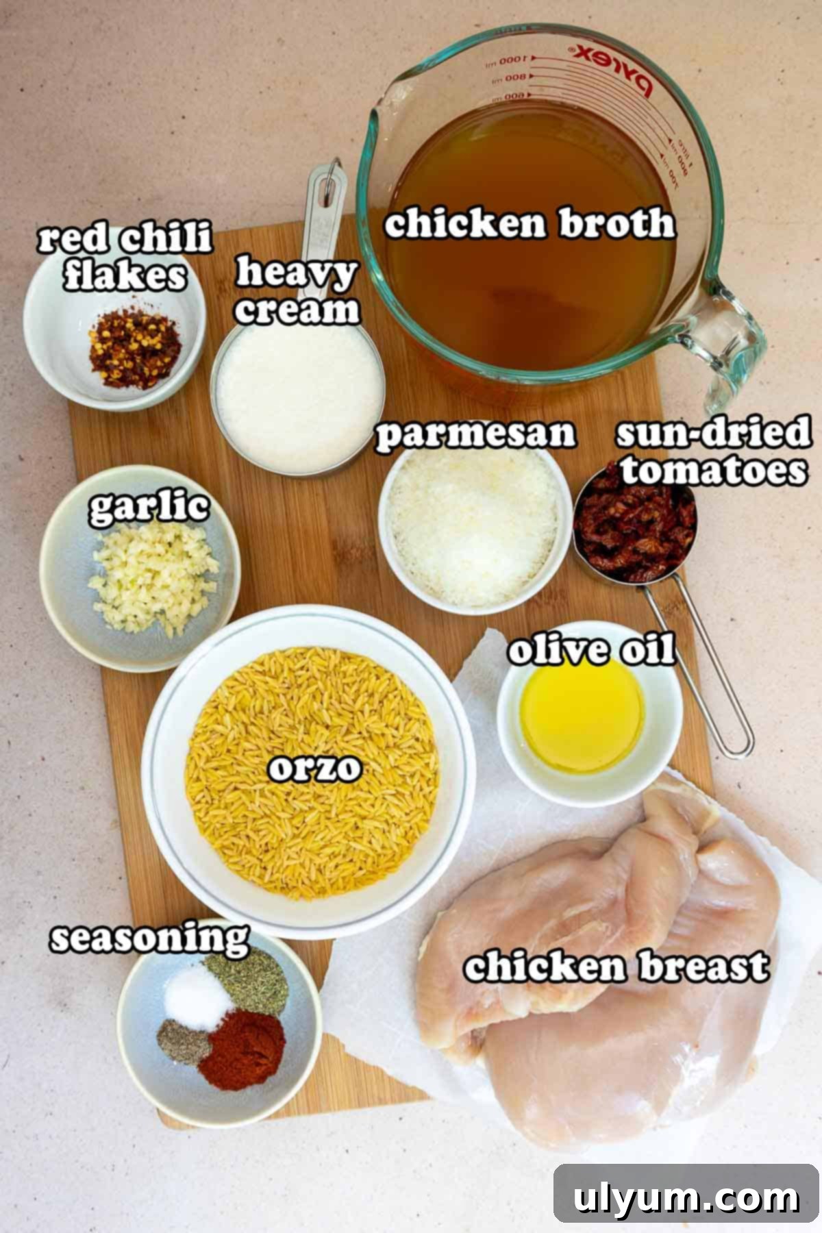 Flat lay of ingredients for creamy chicken orzo, including chicken broth, sun-dried tomatoes, olive oil, raw chicken breasts, orzo, garlic, parmesan, heavy cream, red chili flakes, and a bowl of seasoning spices.