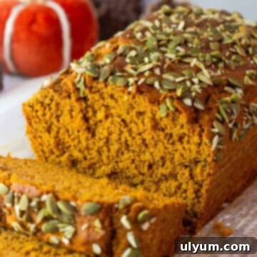 Pumpkin Spice Cake Loaf 11 Sliced pumpkin bread showing its fluffy interior and pepita crusted top, set against a fall-themed background.