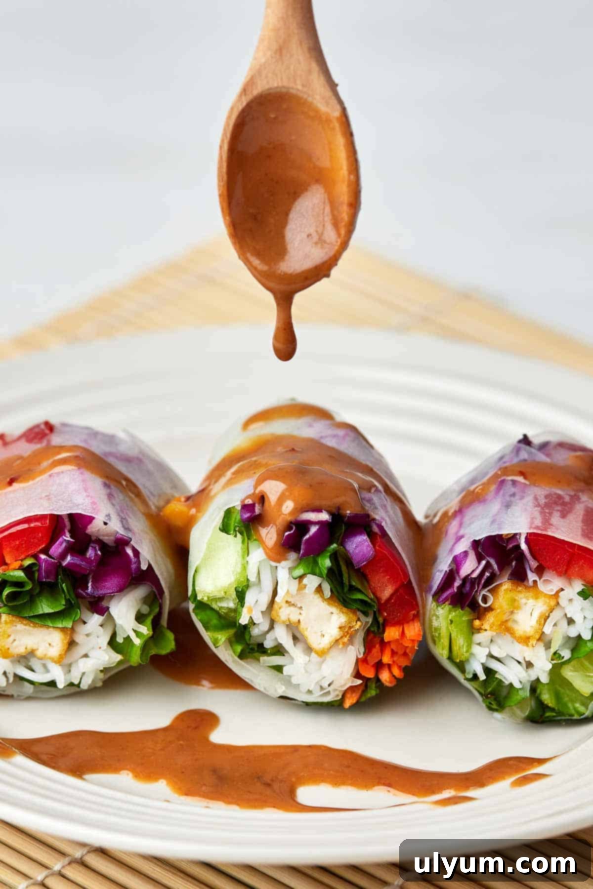 Effortless Five Ingredient Peanut Sauce 6 Close-up of Vietnamese spring rolls drizzled with creamy 5-Ingredient Peanut Sauce, showcasing the rich texture of the sauce.