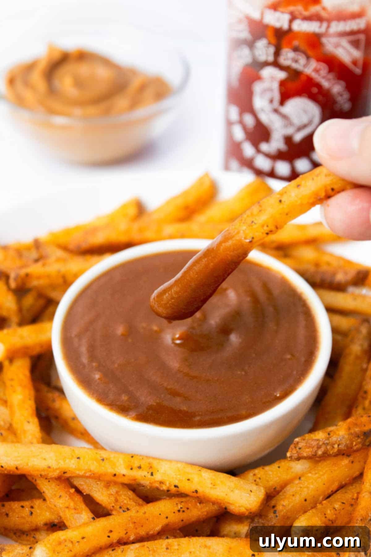 Effortless Five Ingredient Peanut Sauce 7 French fries served with a small bowl of 5-Ingredient Peanut Sauce, illustrating an unconventional but delicious pairing.