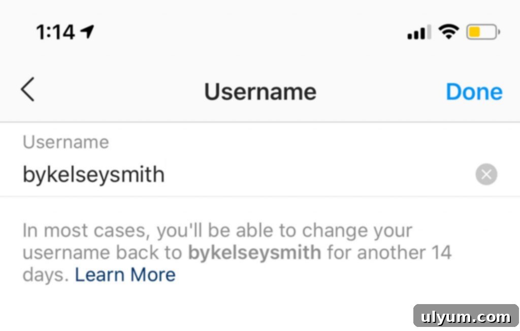 Screenshot of Instagram's 14-day username change message