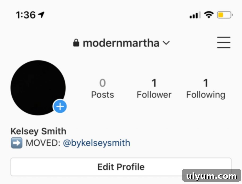 Screenshot of an old Instagram username profile with a 'moved' notice