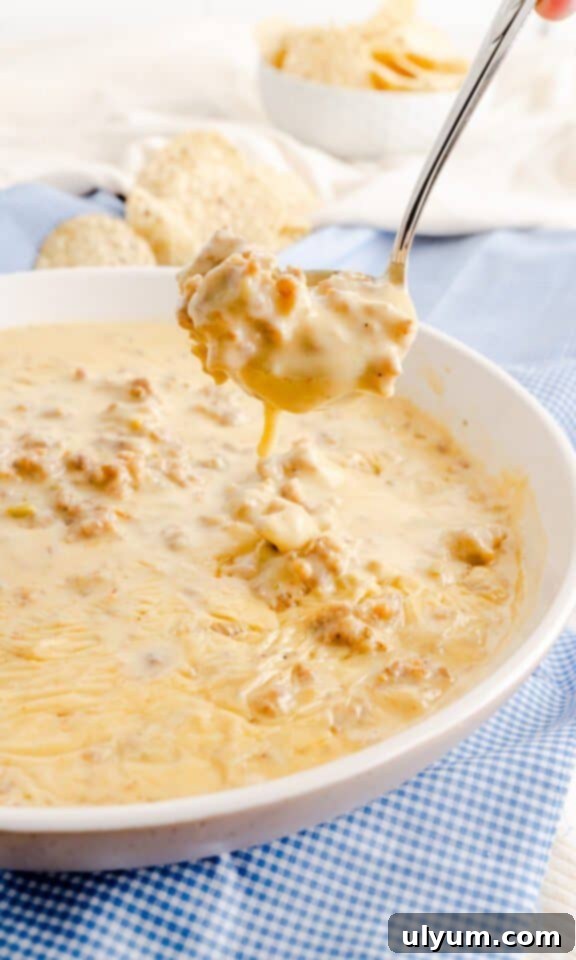 Score Big: 48 Instant Pot & Slow Cooker Game Day Eats 2 Creamy Instant Pot White Queso Dip with sausage and jalapeños, served with tortilla chips.