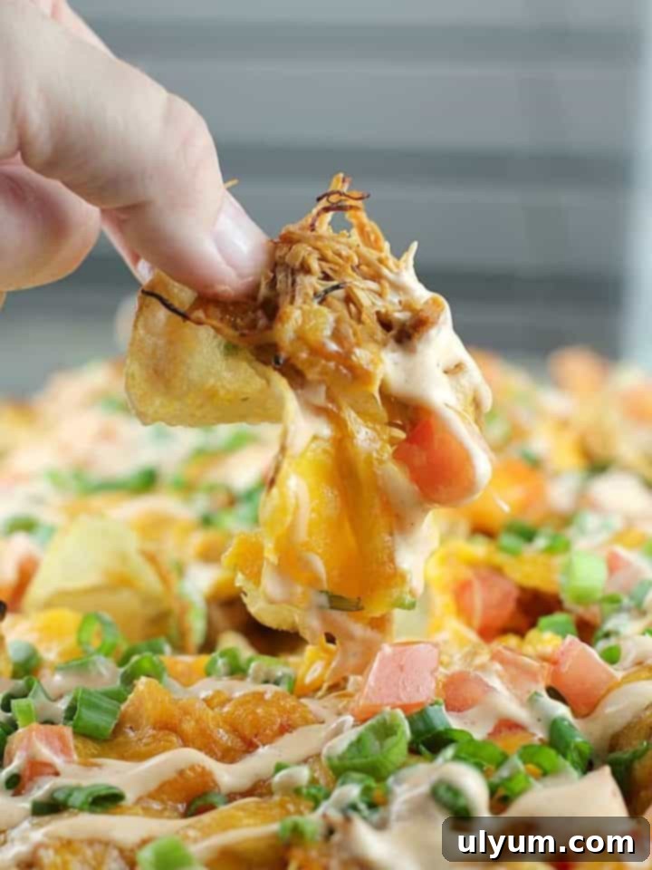Score Big: 48 Instant Pot & Slow Cooker Game Day Eats 20 Slow Cooker Loaded Sriracha Chicken Kettle Chips, a flavorful and hearty appetizer.