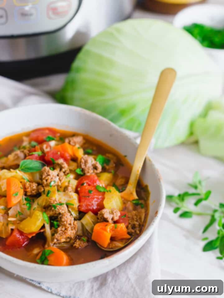 Instant Pot Cabbage Soup (Gluten Free, Whole30) with ground beef, comforting and flavorful.