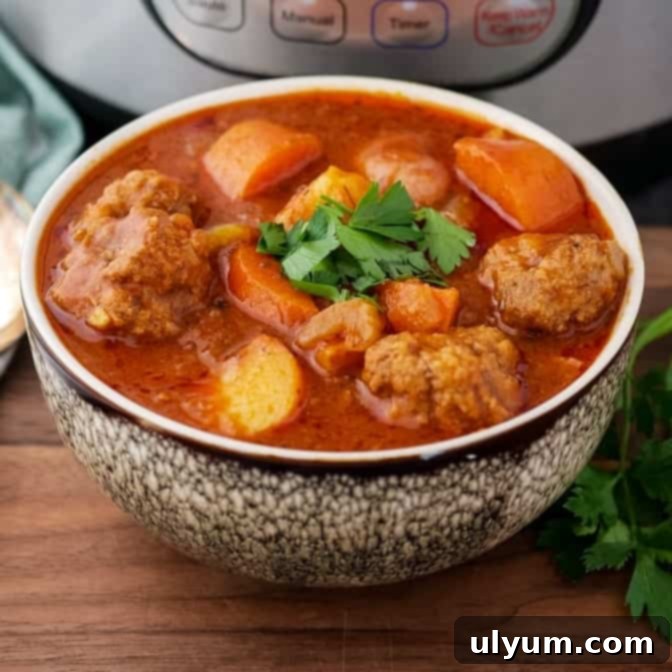Instant Pot Meatball Soup with chunky vegetables and fresh parsley garnish.