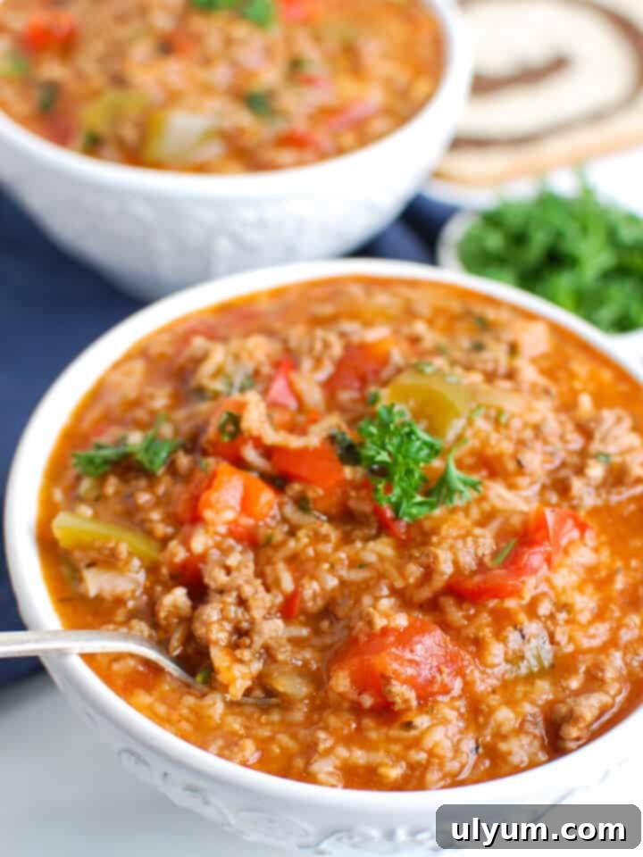 Instant Pot Stuffed Pepper Soup, full of bell peppers, ground beef, tomatoes, rice, and spices.