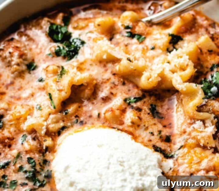 Instant Pot Lasagna Soup made with ground beef or turkey and three cheeses.