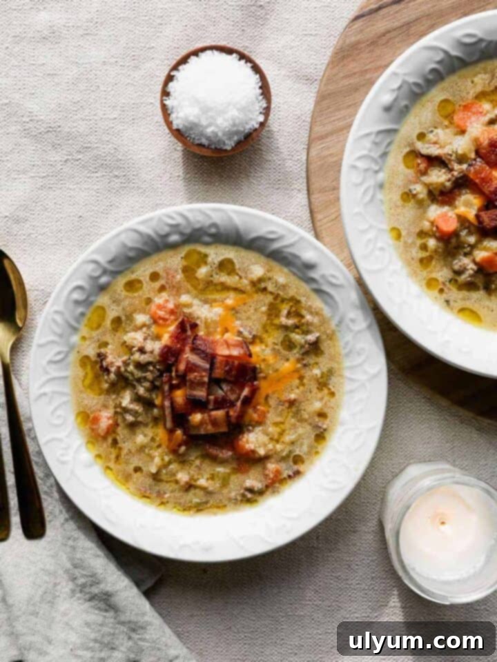 Instant Pot Gluten-Free, Low-Carb Cauliflower Cheeseburger Soup with ground beef and bacon.