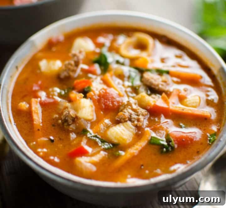 Instant Pot Hamburger and Pasta Soup, a healthy and easy 30-minute recipe with vegetables, beef, and pasta.
