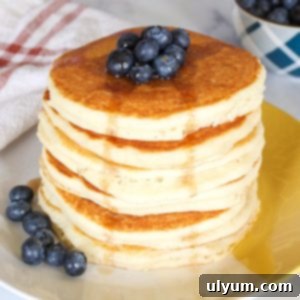 Vegan Bisquick Pancakes topped with blueberries and syrup.
