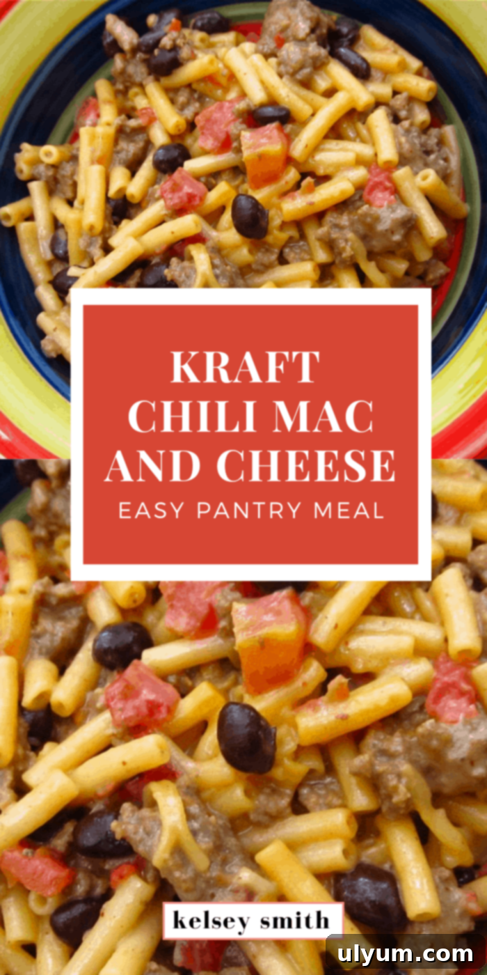 Overhead shot of Kraft Chili Macaroni and Cheese in a white bowl.