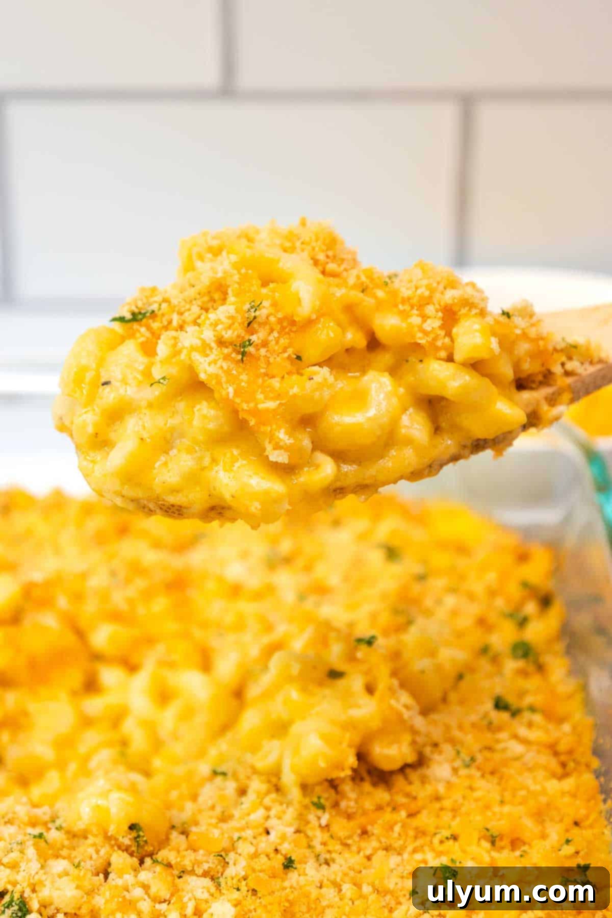 A wooden spoon lifting a serving of creamy old fashioned baked mac and cheese topped with a golden Ritz cracker crumb crust and sprinkled with parsley.