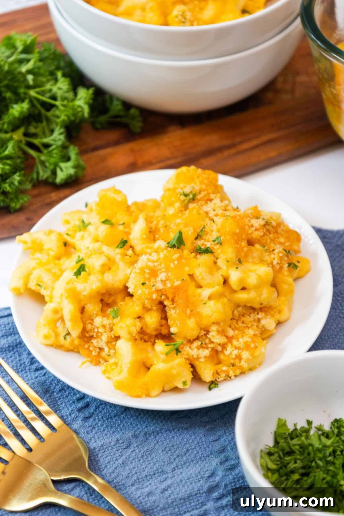 Close-up of a plate filled with old fashioned baked mac and cheese with Ritz cracker topping, garnished with fresh parsley.