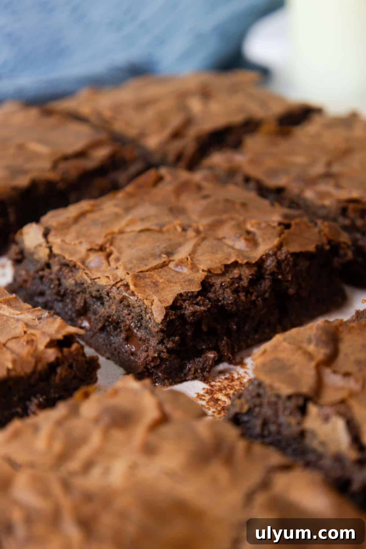 A square chocolate brownie with a crinkly, shiny top and gooey center, surrounded by other brownies on parchment paper.