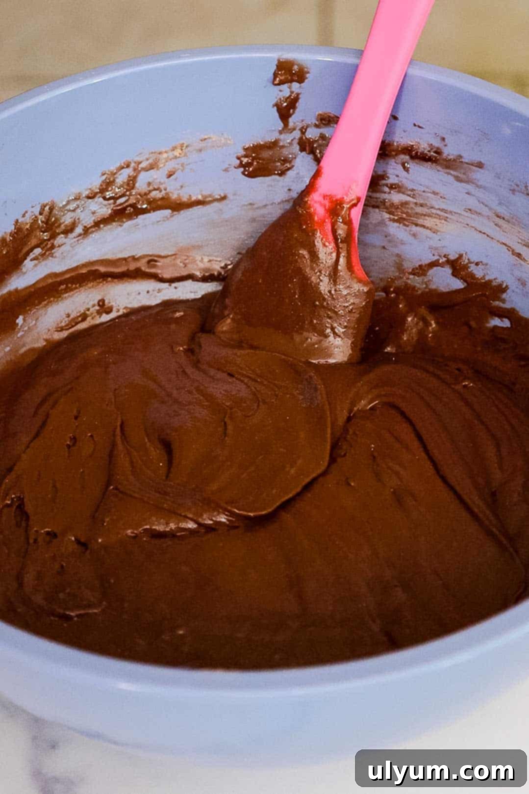 Thick chocolate brownie batter in a medium mixing bowl.