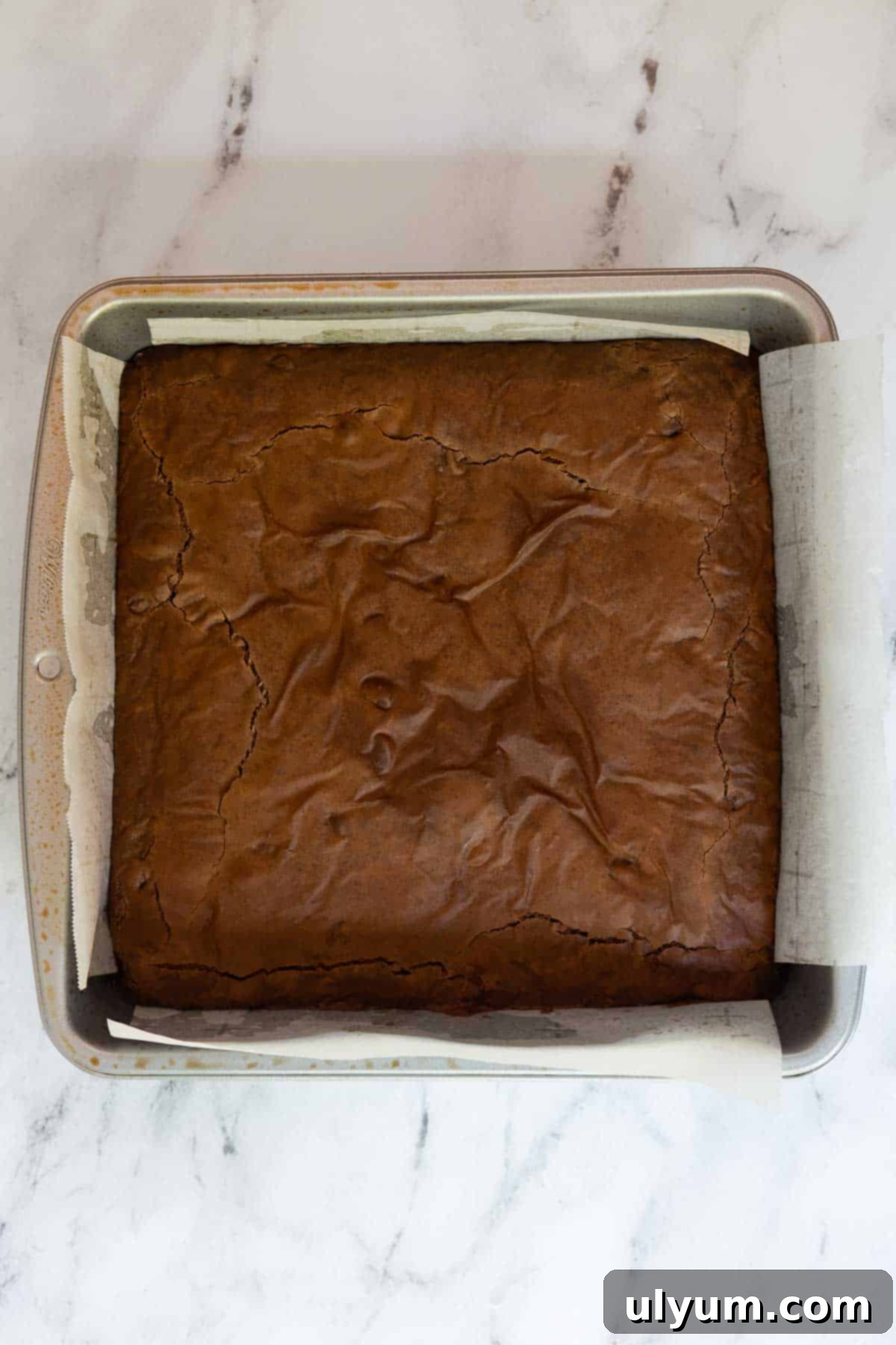 Freshly baked brownies in a square metal pan with a shiny, crackled surface, still in the parchment lining.