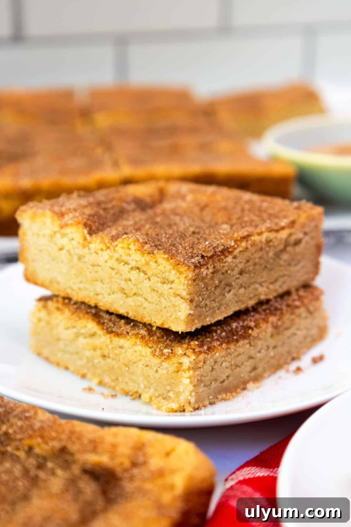 Two thick, golden-brown snickerdoodle cookie bars stacked on a plate, topped with a crackly cinnamon-sugar crust.