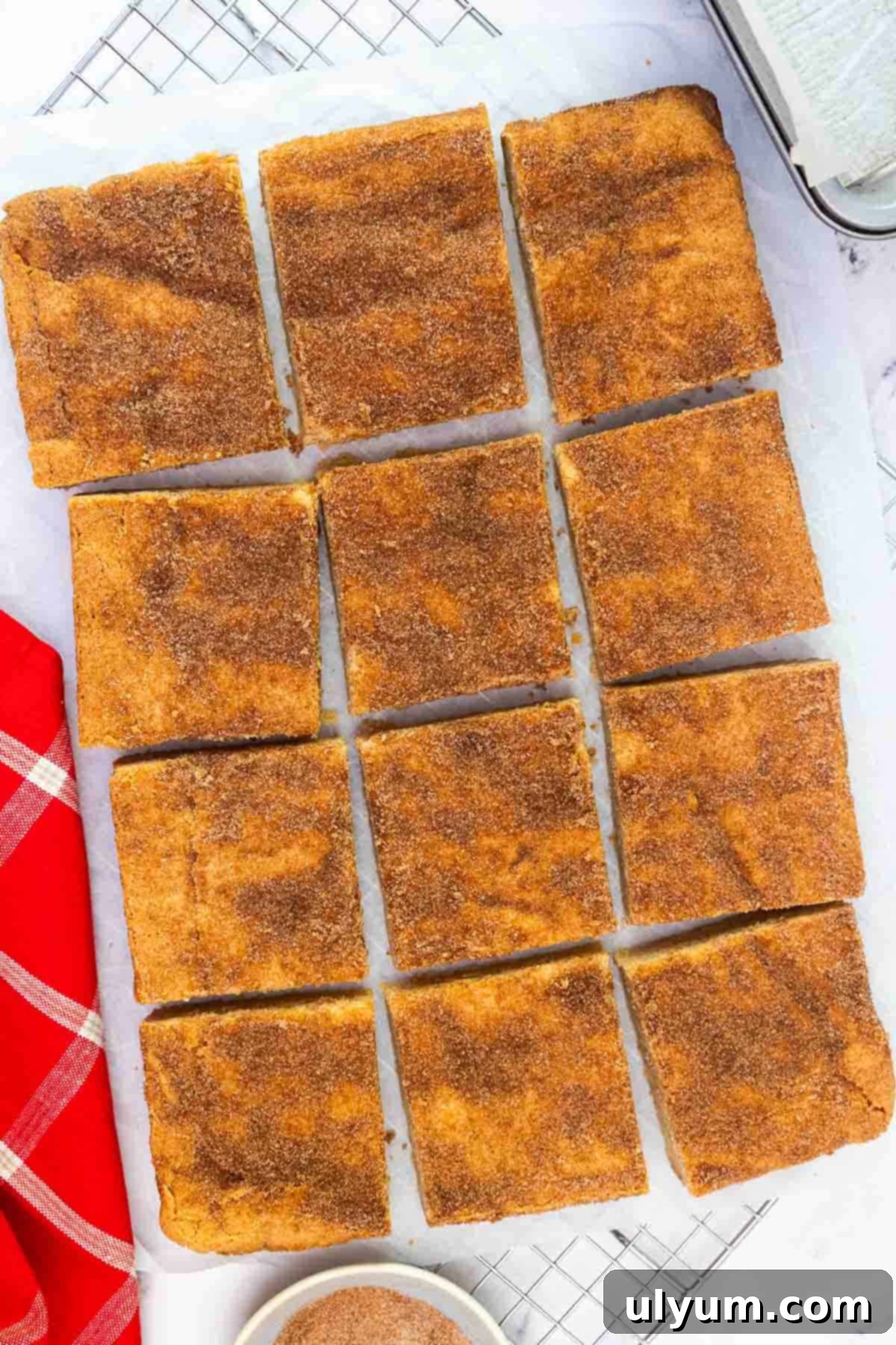 Twelve evenly cut snickerdoodle cookie bars arranged on parchment paper over a cooling rack, ready to serve.