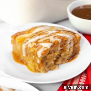 A generous slice of apple cake made with cake mix with visible apple chunks, topped with glaze and caramel.