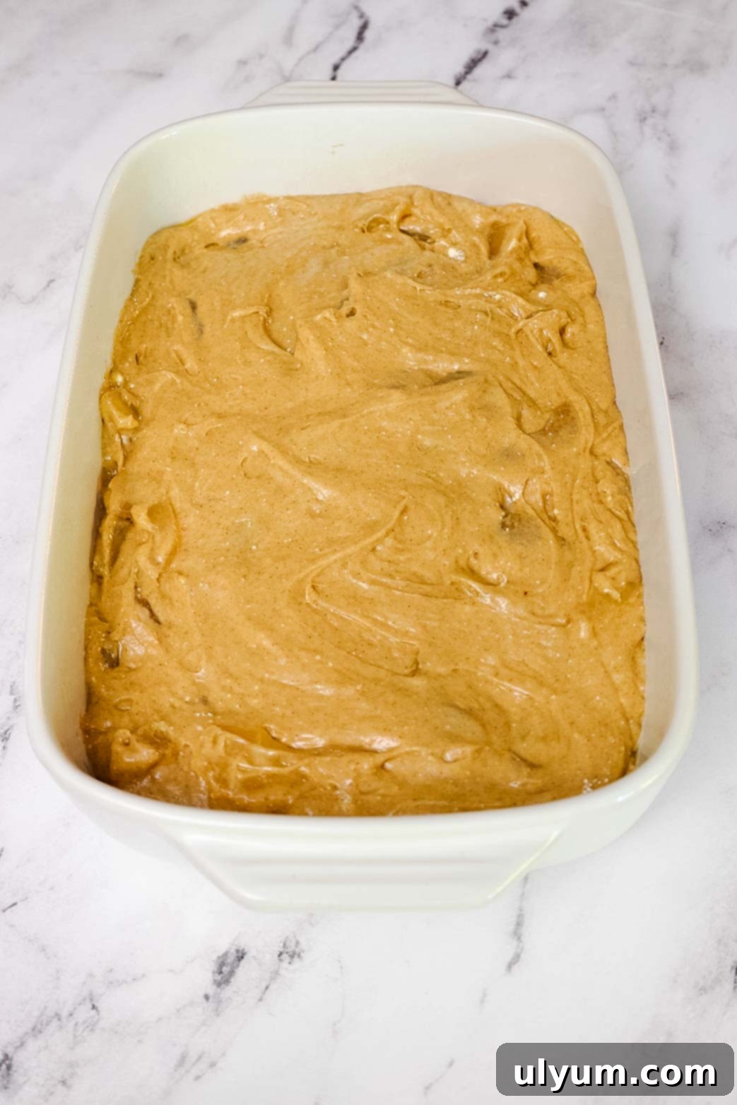 Unbaked apple cake batter spread evenly in a 9 by 13 inch baking dish, ready for the oven.