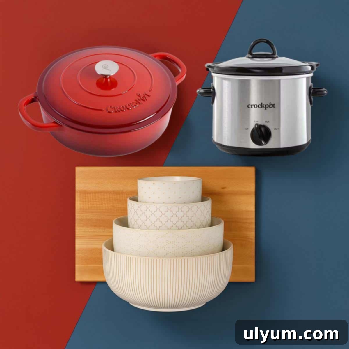 Flat lay collage of kitchen gift ideas on a split red and blue background, featuring a red Crockpot Dutch oven, a small stainless steel slow cooker, a stack of cream-colored ceramic mixing bowls, and a wooden cutting board arranged neatly in the center.