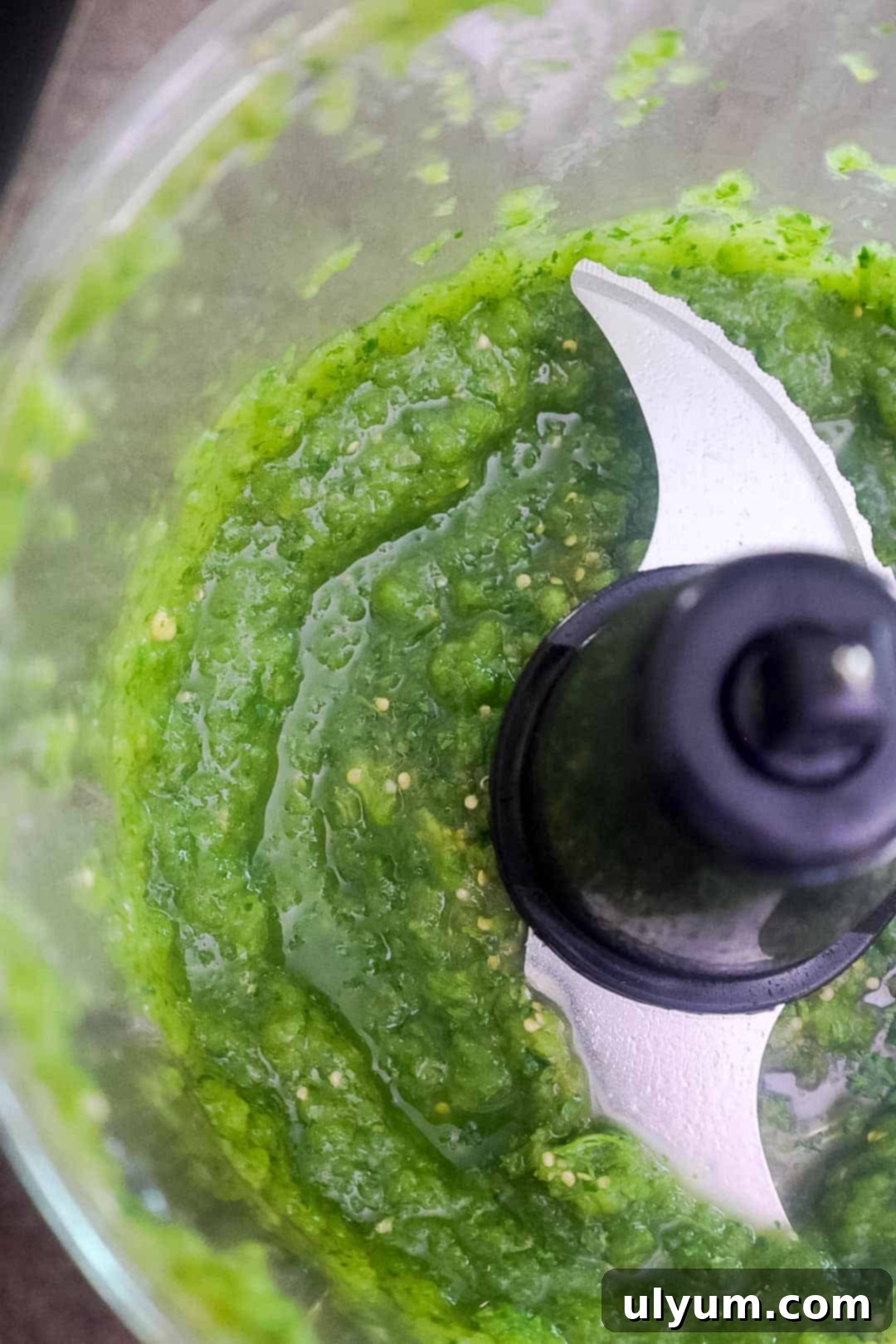 Blended jalapeño and salsa verde mixture in a food processor.