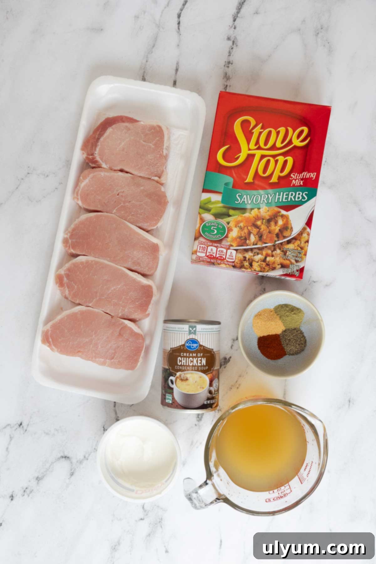 Ingredients for baked pork chops with stuffing, including pork chops, stuffing mix, soup, and spices.