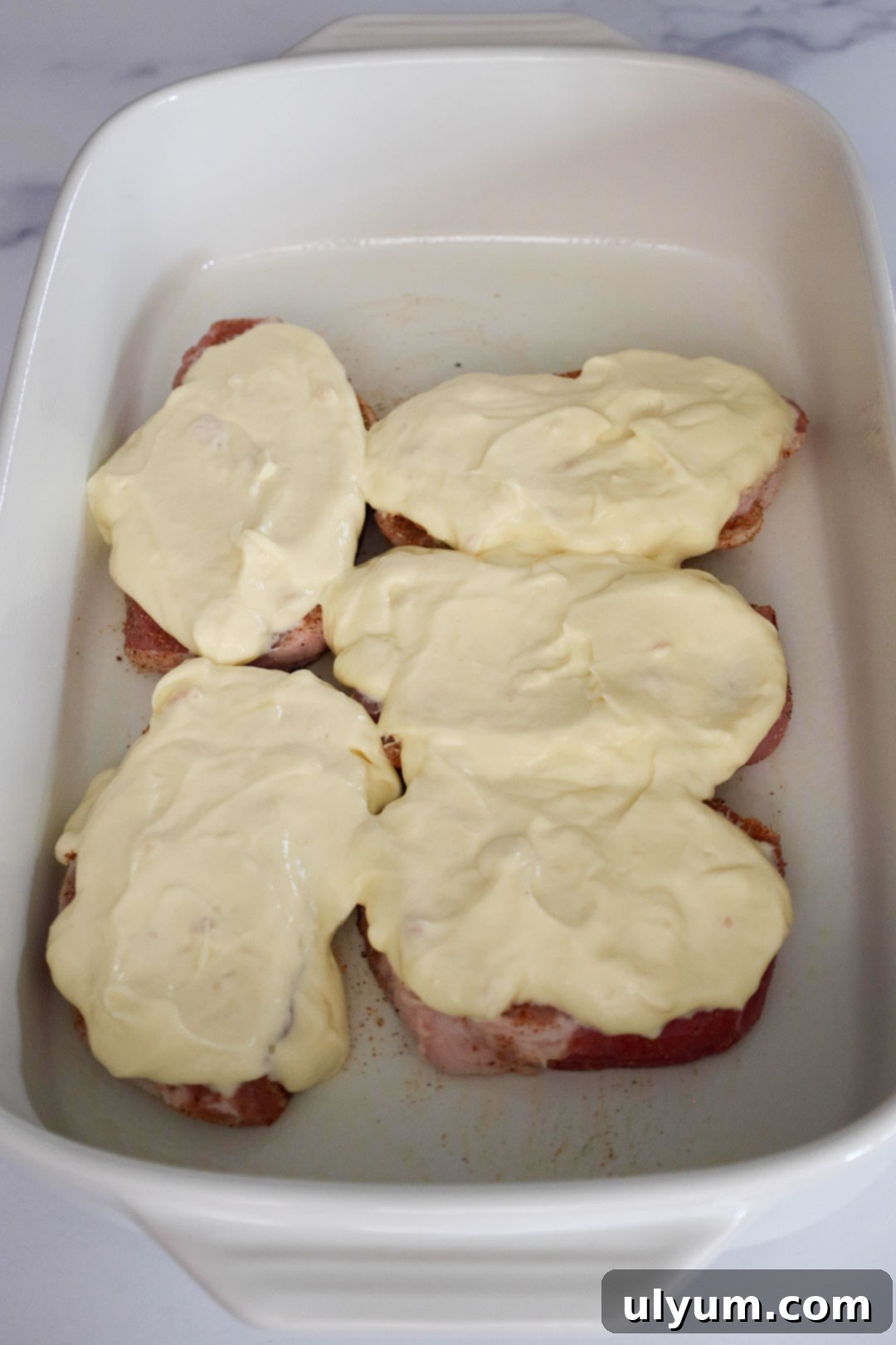 Pork chops topped with creamy soup mixture.