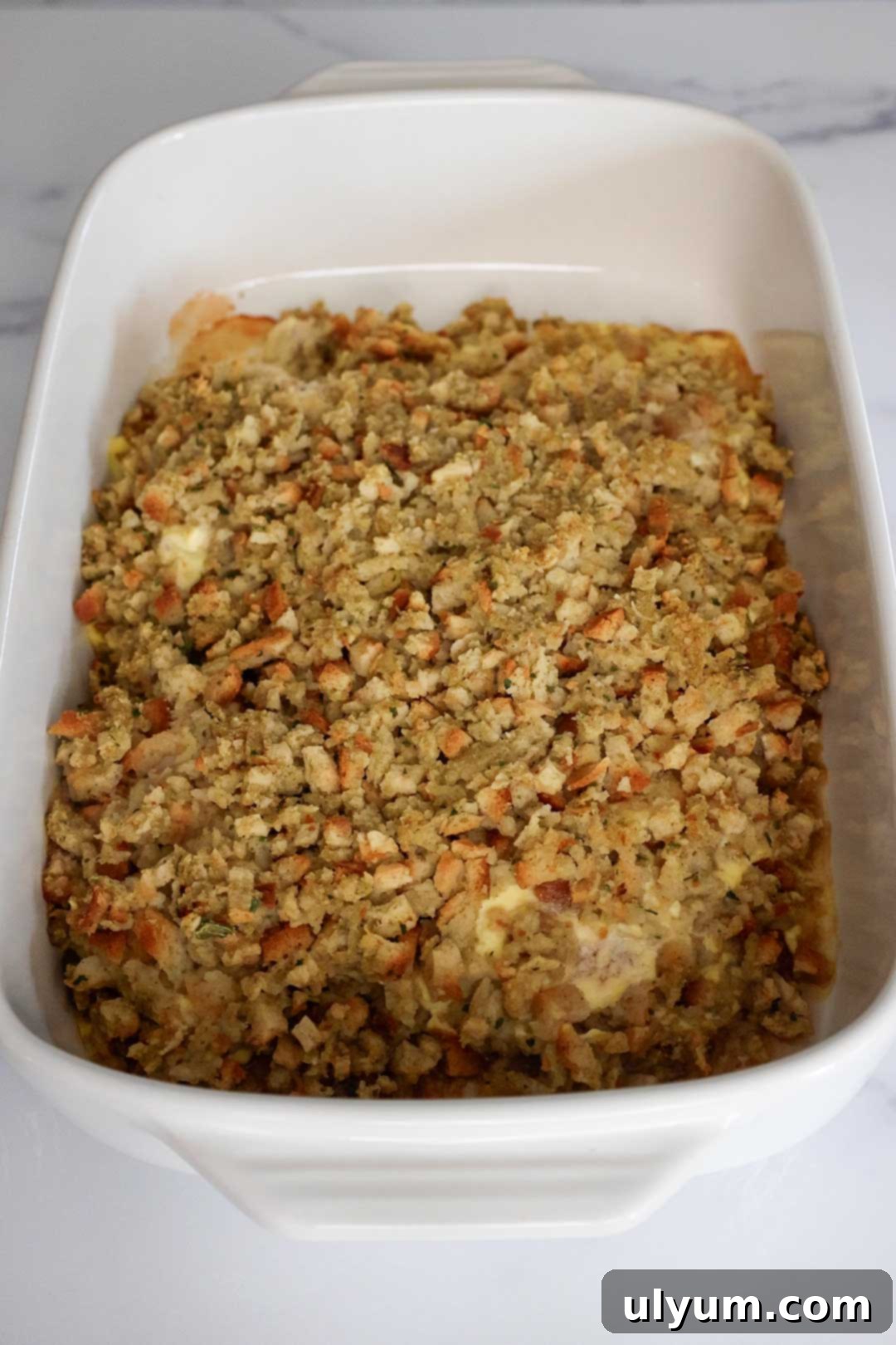 Baked pork chops with stuffing casserole.