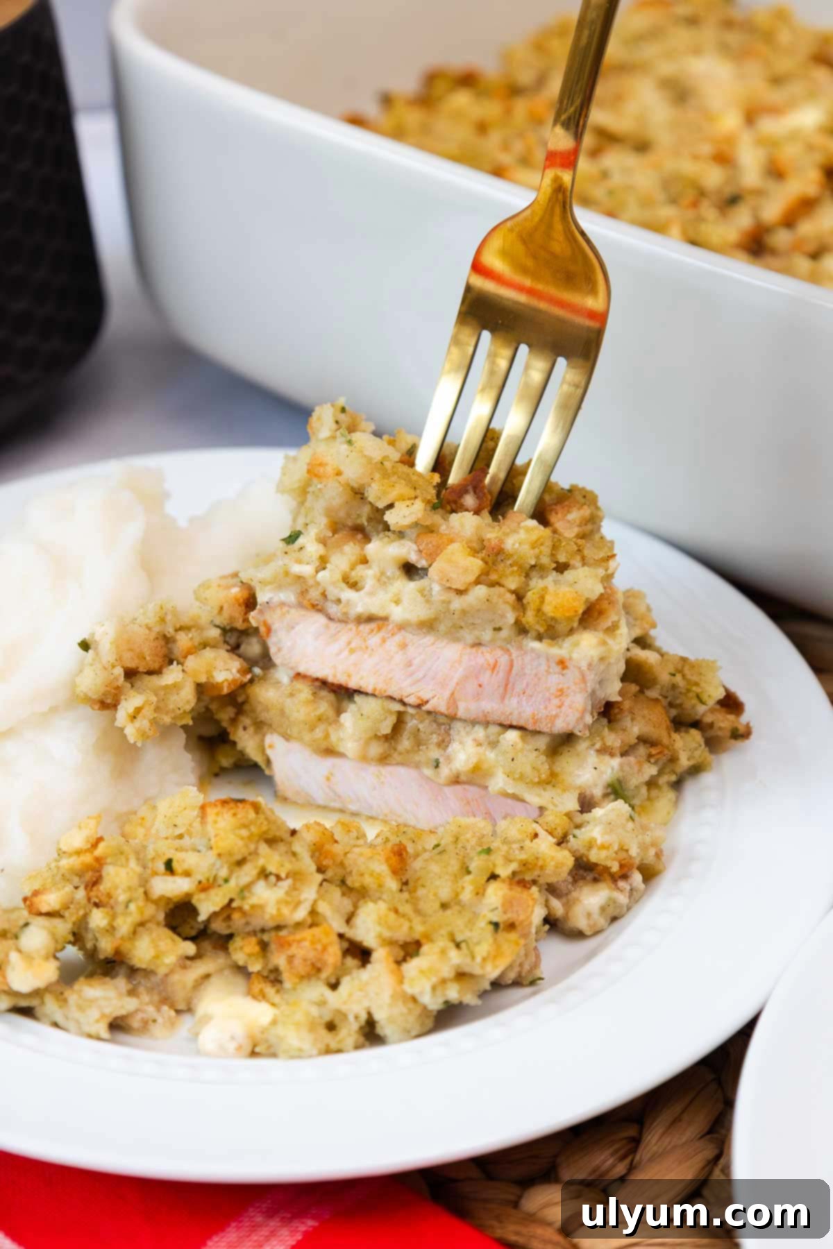 Close-up of sliced pork chops with stuffing.