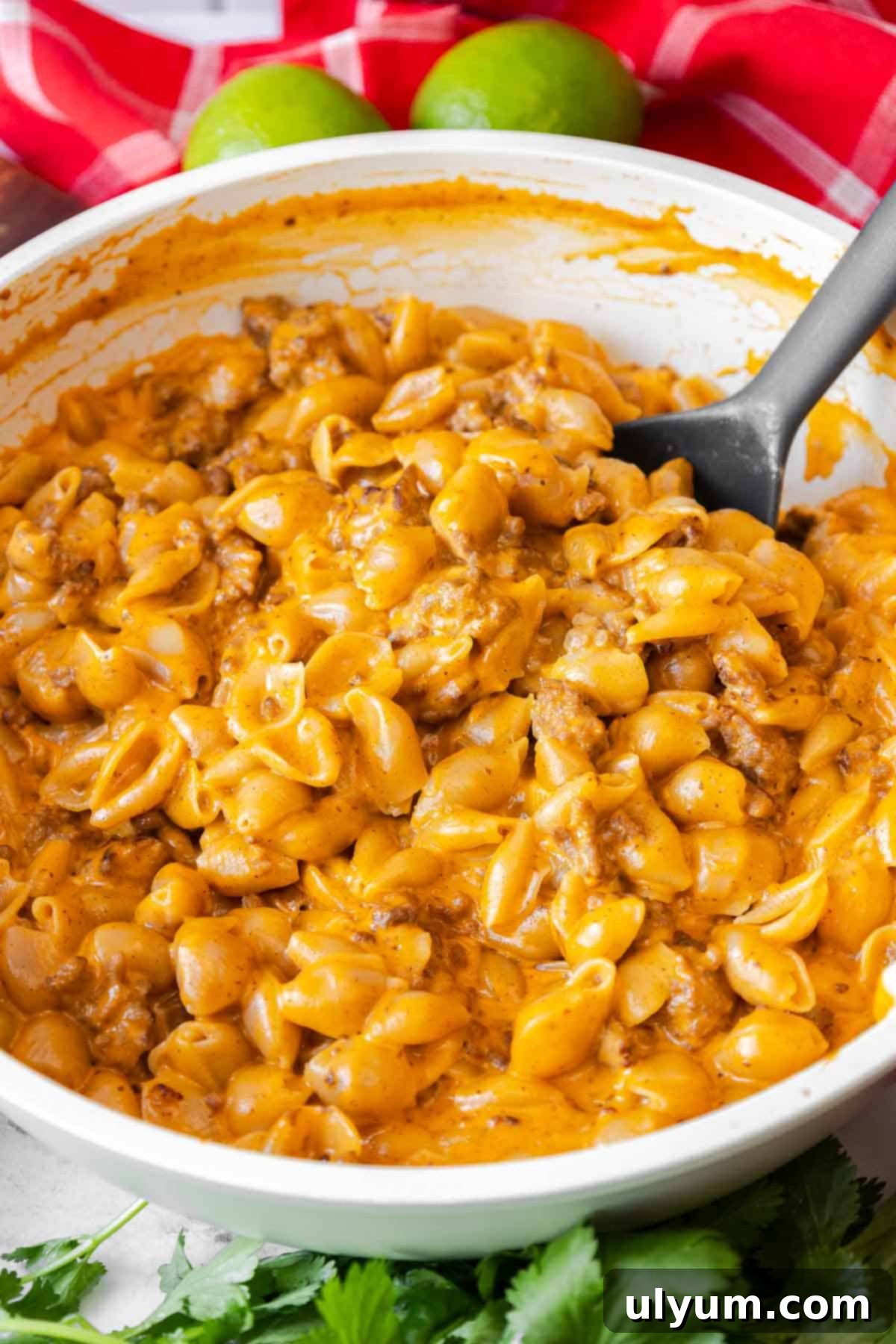 Quick & Easy Semi-Homemade Dinners 2 A skillet full of taco mac and cheese, with a serving spoon ready to serve the dish.