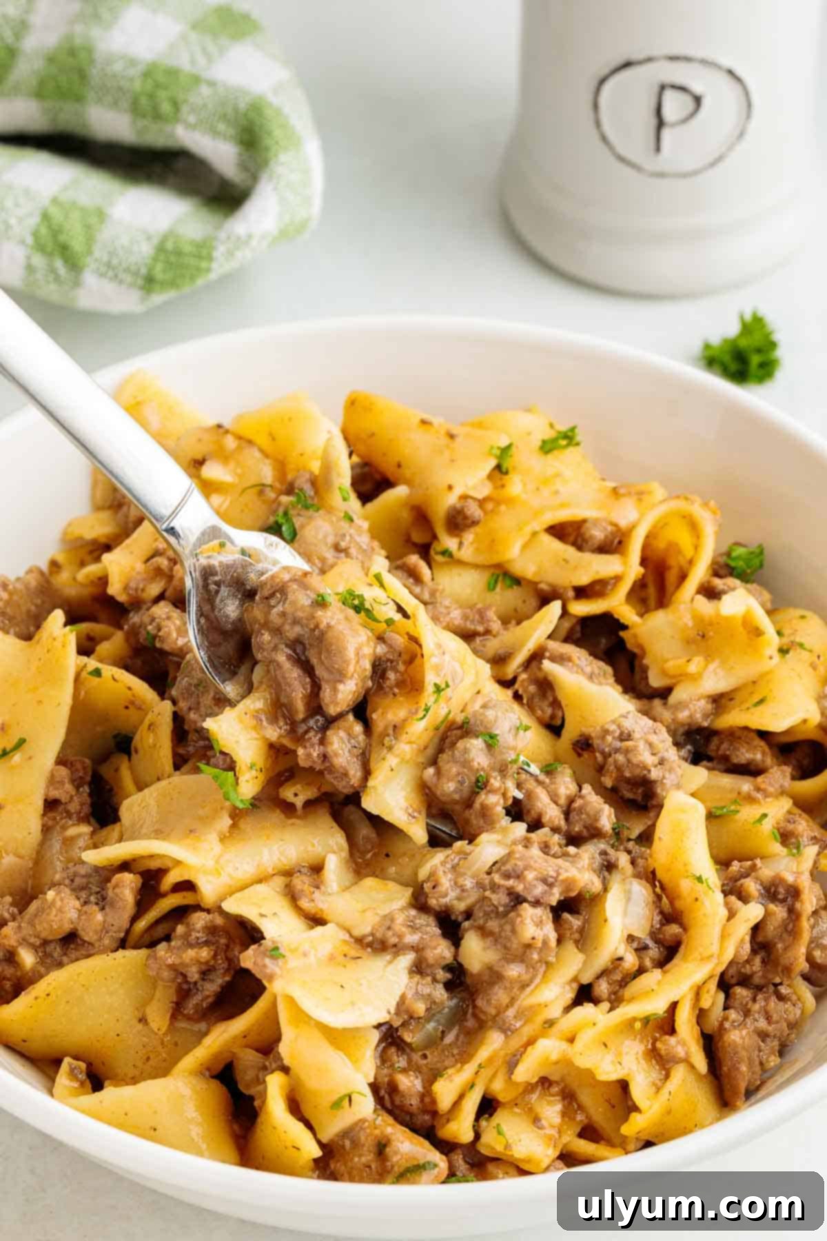 Ground beef egg noodles served in a white bowl with a fork lifting tender noodles and seasoned beef.