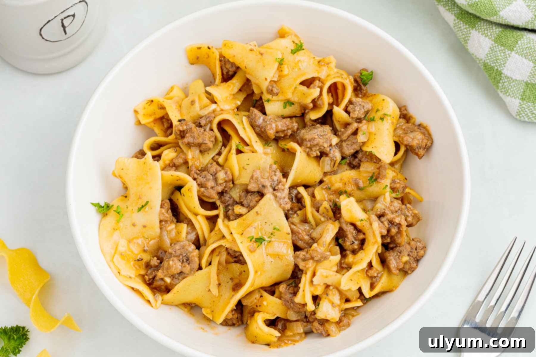 Close up of ground beef egg noodles served in a white bowl.