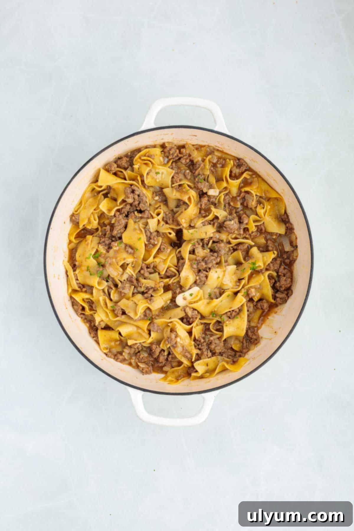 Ground beef egg noodles fully cooked and mixed in a Dutch oven. The noodles are tender and evenly combined with the beef and sauce.
